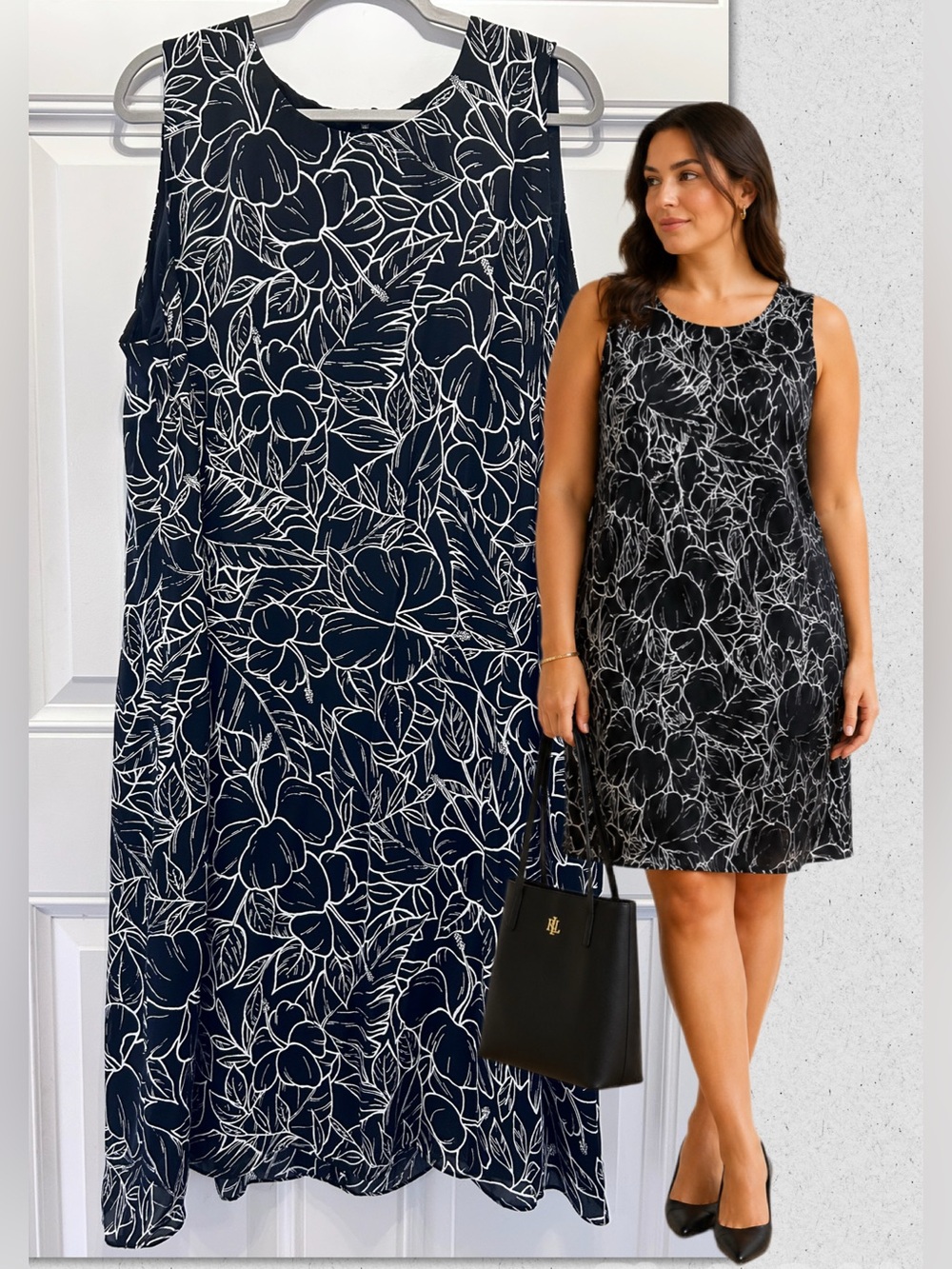 100% Silk Vintage 90s Lauren Ralph Lauren Black White Print Plus Size Dress 3X